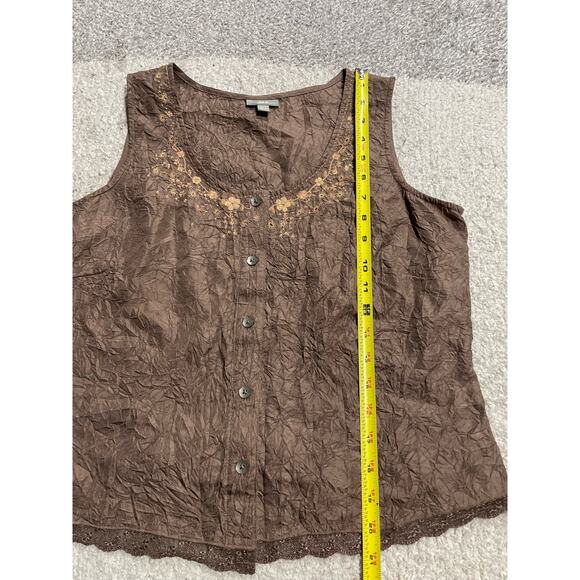 J. Jill Y2K 100% Silk Top Women's Size Small Petite SP Crinkle Brown Embroidered - Picture 2 of 8